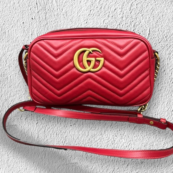 Pre-Loved Gucci GG Marmont Small Shoulder Bag in ❤️Red Matelassé Leather❤️ - Picture 1 of 12